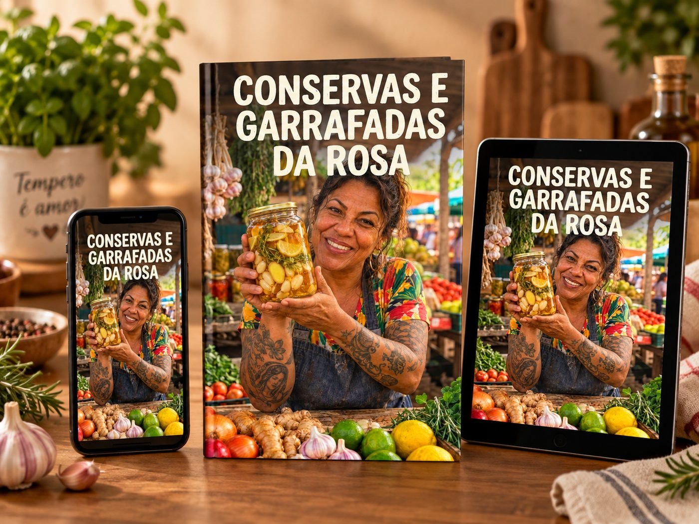 Conservas e Garrafadas da Rosa no celular, tablet e capa do livro